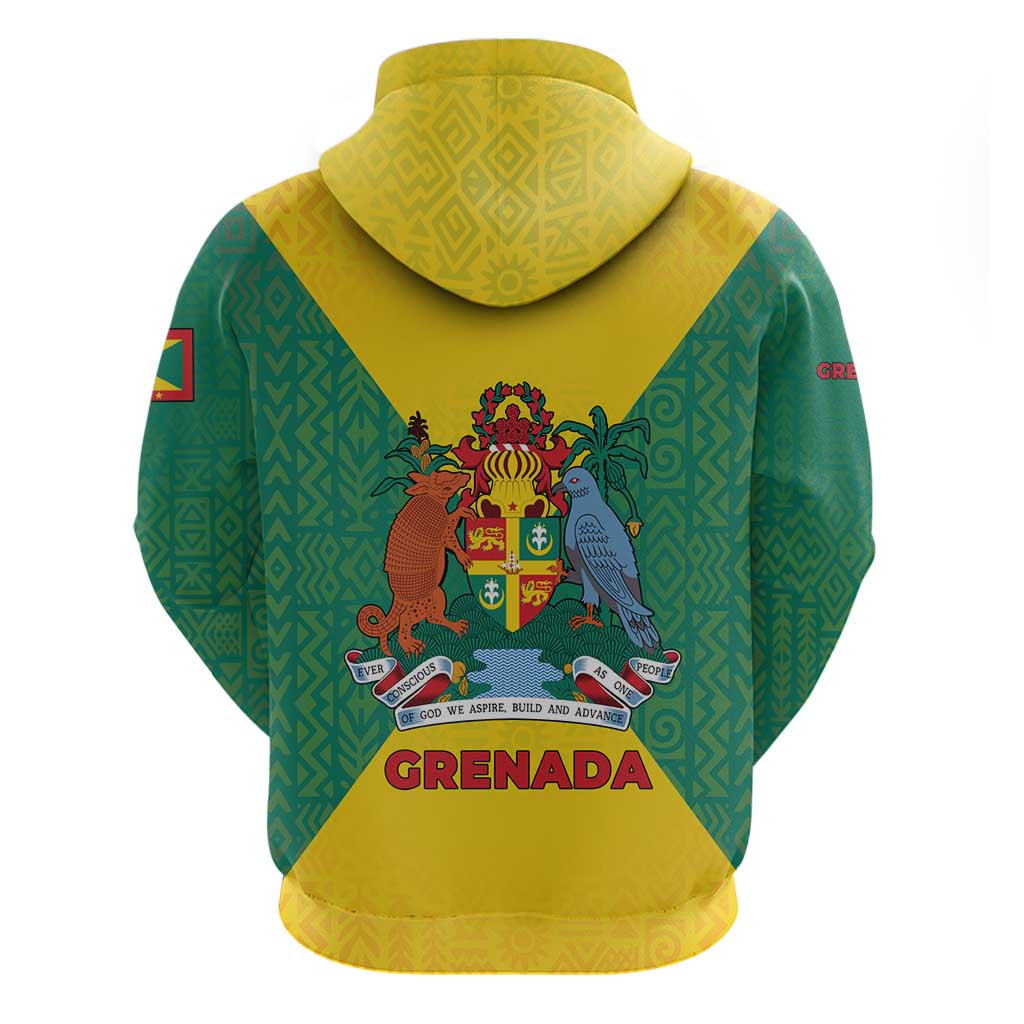Grenada Coat of Arms Hoodie with Yellow Green Flag Colors and Tribal Pattern Design TS04