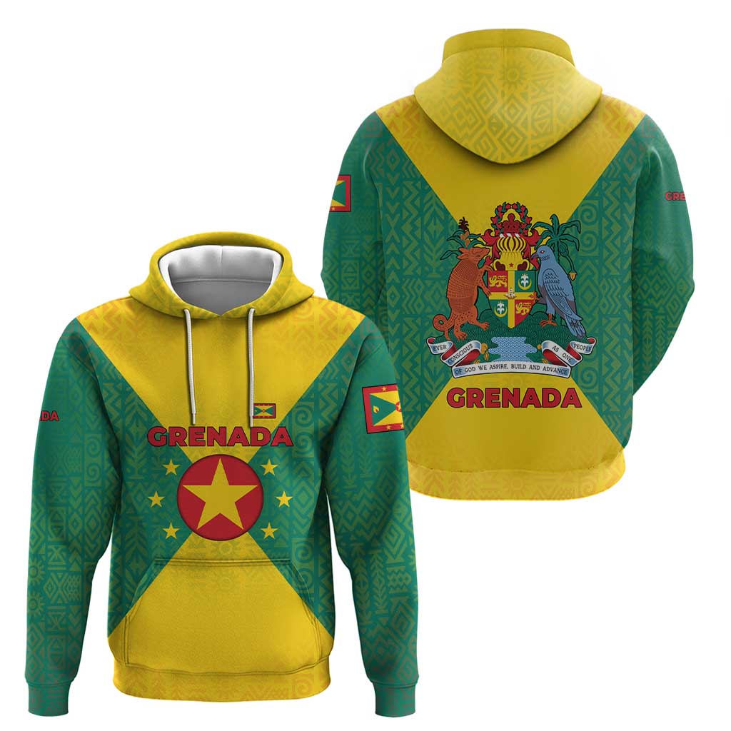 Grenada Coat of Arms Hoodie with Yellow Green Flag Colors and Tribal Pattern Design TS04