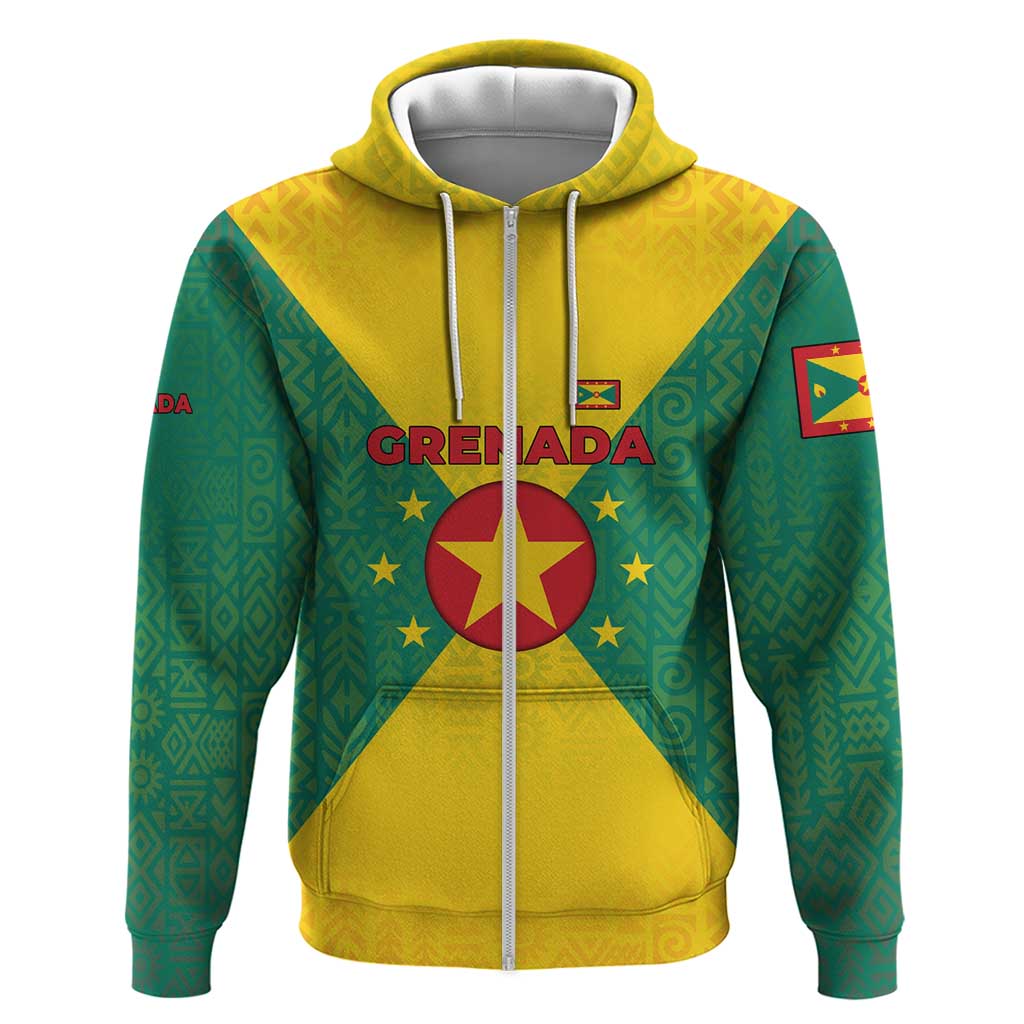 Grenada Coat of Arms Hoodie with Yellow Green Flag Colors and Tribal Pattern Design TS04