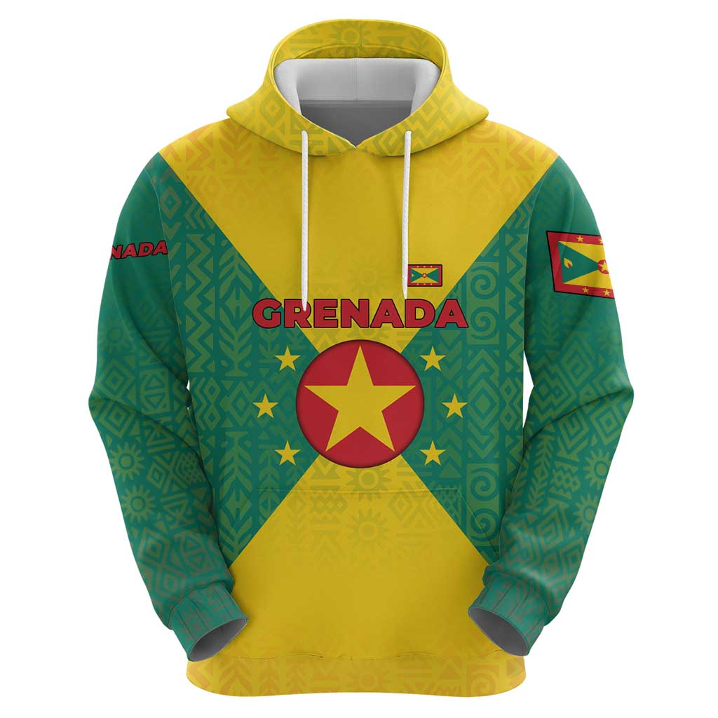Grenada Coat of Arms Hoodie with Yellow Green Flag Colors and Tribal Pattern Design TS04