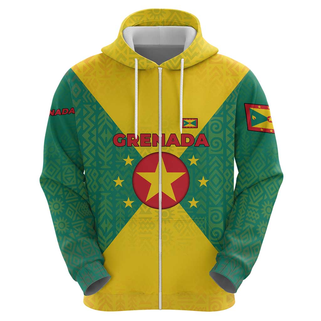 Grenada Coat of Arms Hoodie with Yellow Green Flag Colors and Tribal Pattern Design TS04