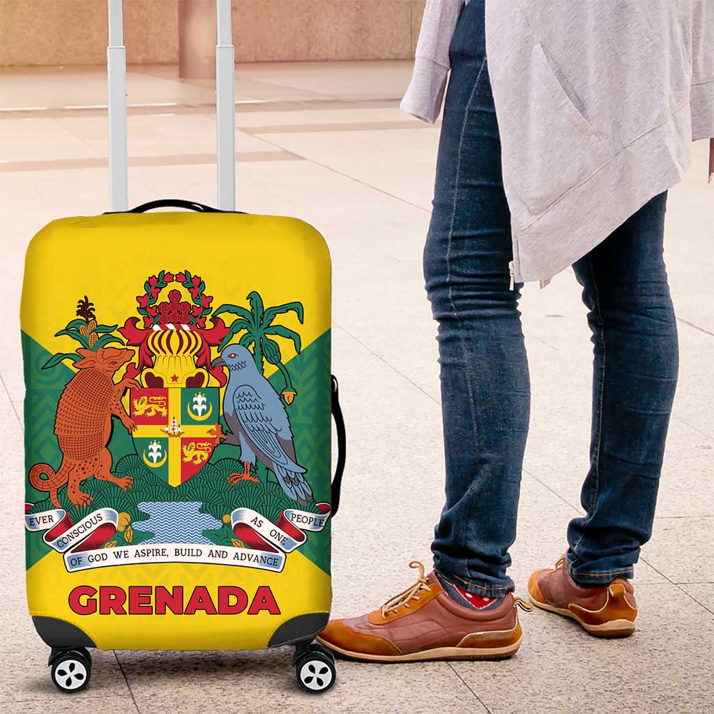 Grenada Coat of Arms Luggage Cover with Yellow Green Flag Colors and Tribal Pattern Design TS04