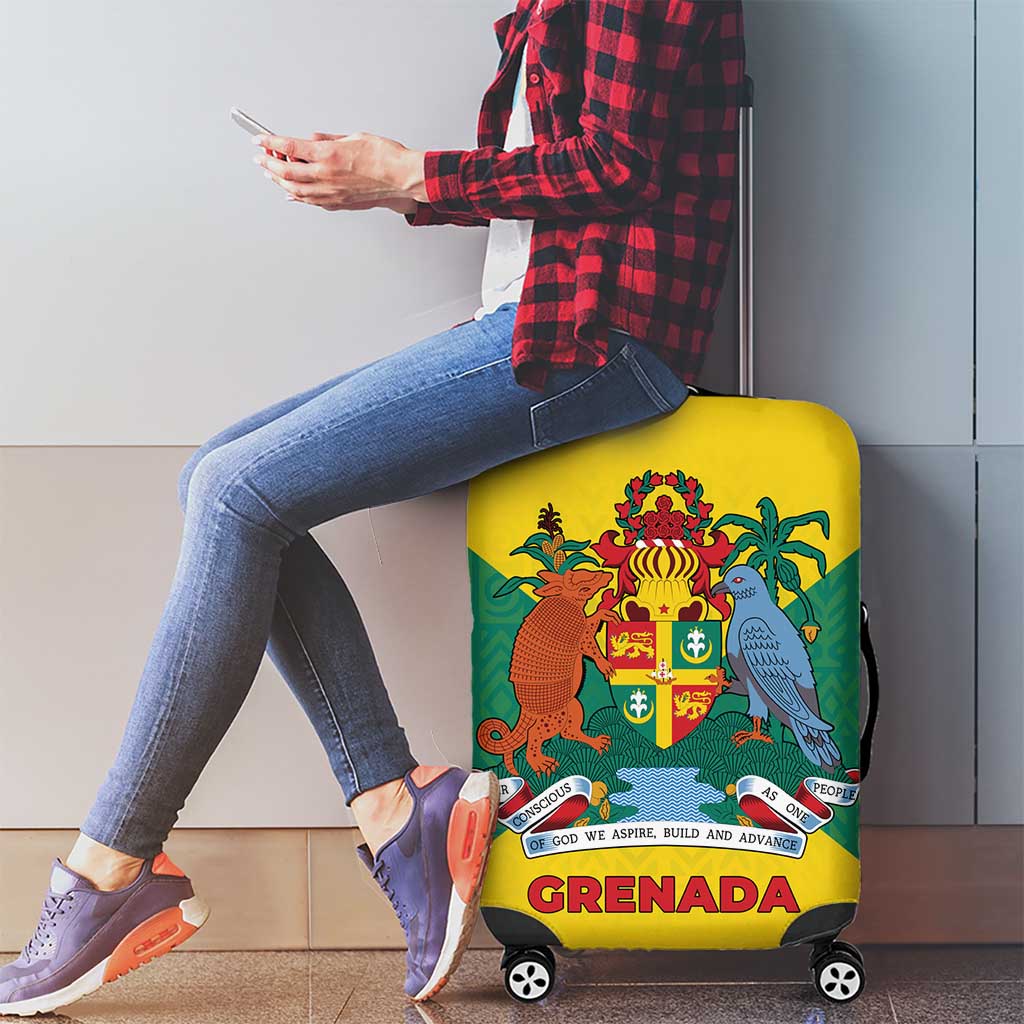 Grenada Coat of Arms Luggage Cover with Yellow Green Flag Colors and Tribal Pattern Design TS04