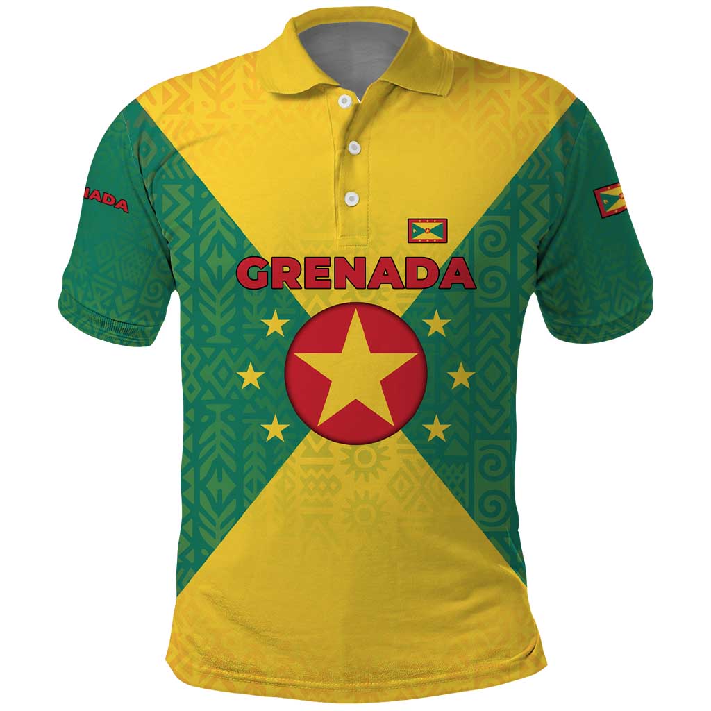 Grenada Coat of Arms Polo Shirt with Yellow Green Flag Colors and Tribal Pattern Design TS04