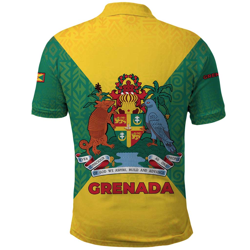Grenada Coat of Arms Polo Shirt with Yellow Green Flag Colors and Tribal Pattern Design TS04