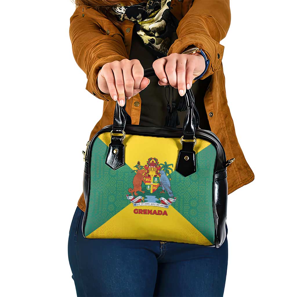 Grenada Coat of Arms Shoulder Handbag with Yellow Green Flag Colors and Tribal Pattern Design TS04