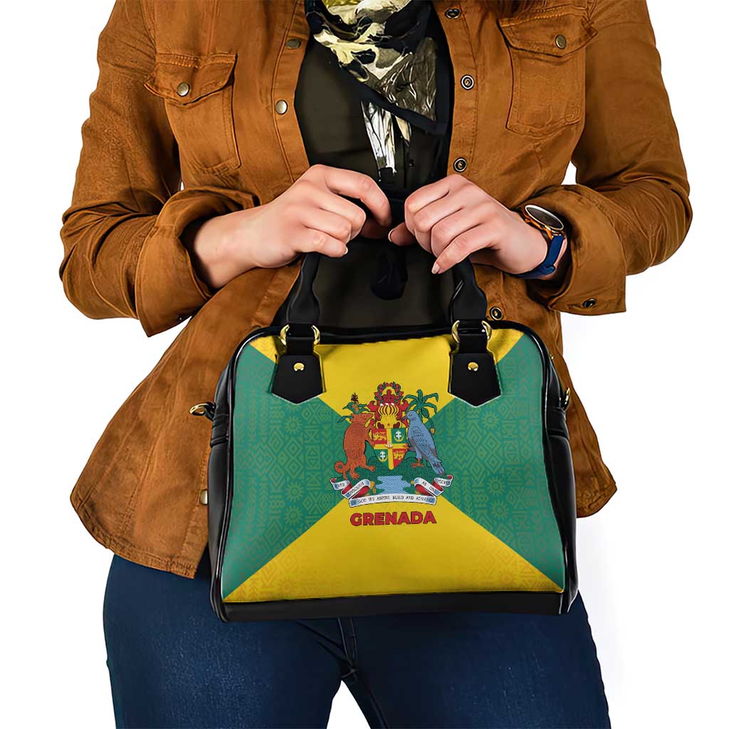 Grenada Coat of Arms Shoulder Handbag with Yellow Green Flag Colors and Tribal Pattern Design TS04