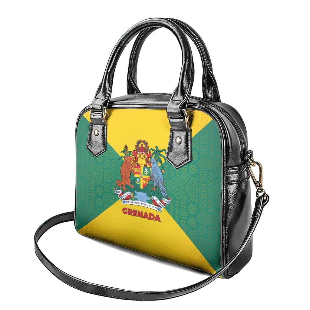 Grenada Coat of Arms Shoulder Handbag with Yellow Green Flag Colors and Tribal Pattern Design TS04