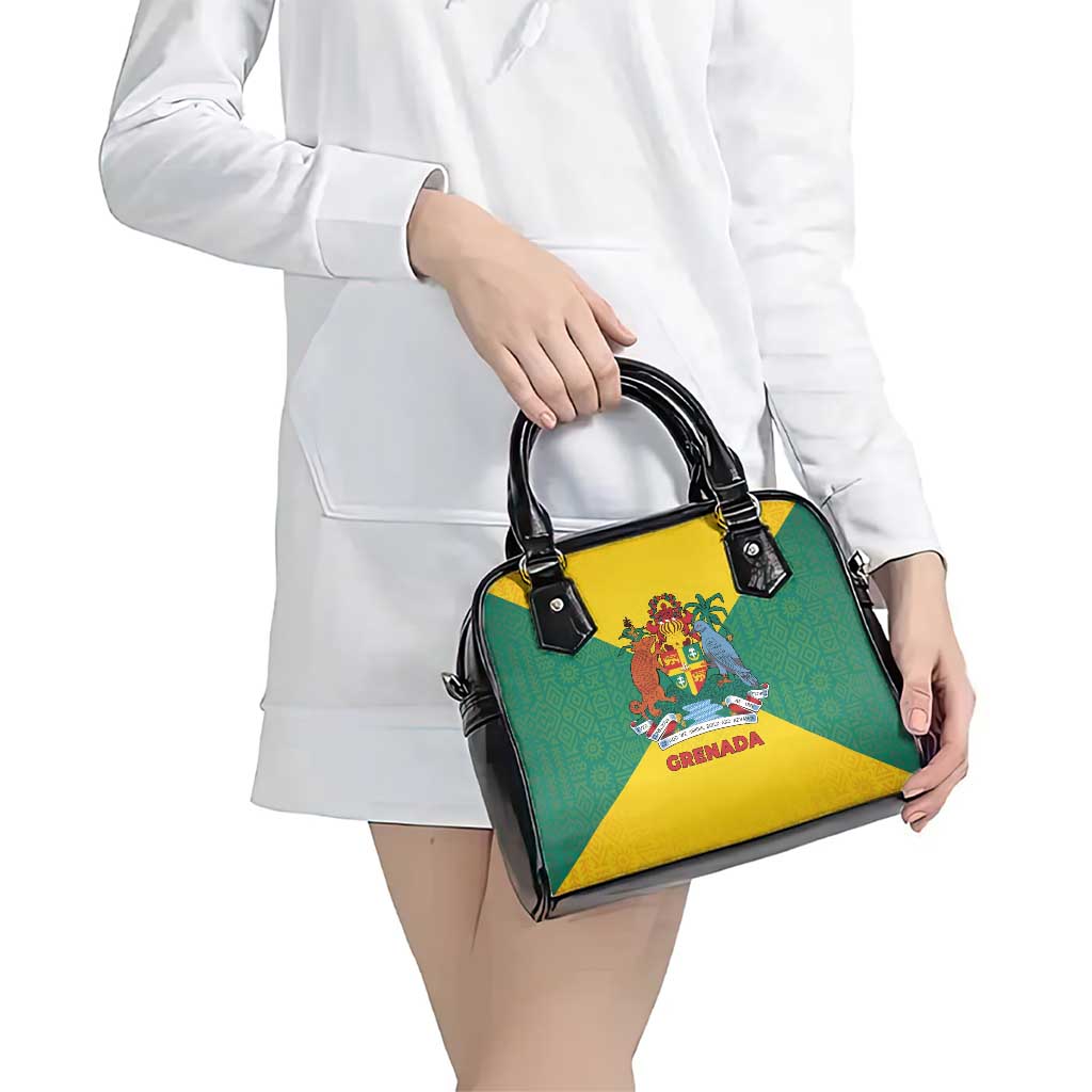 Grenada Coat of Arms Shoulder Handbag with Yellow Green Flag Colors and Tribal Pattern Design TS04