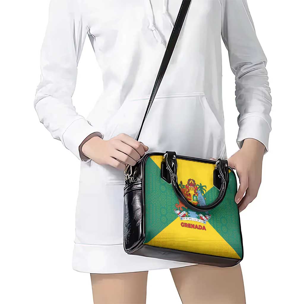 Grenada Coat of Arms Shoulder Handbag with Yellow Green Flag Colors and Tribal Pattern Design TS04