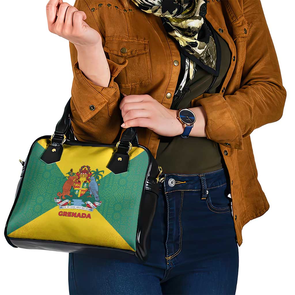 Grenada Coat of Arms Shoulder Handbag with Yellow Green Flag Colors and Tribal Pattern Design TS04