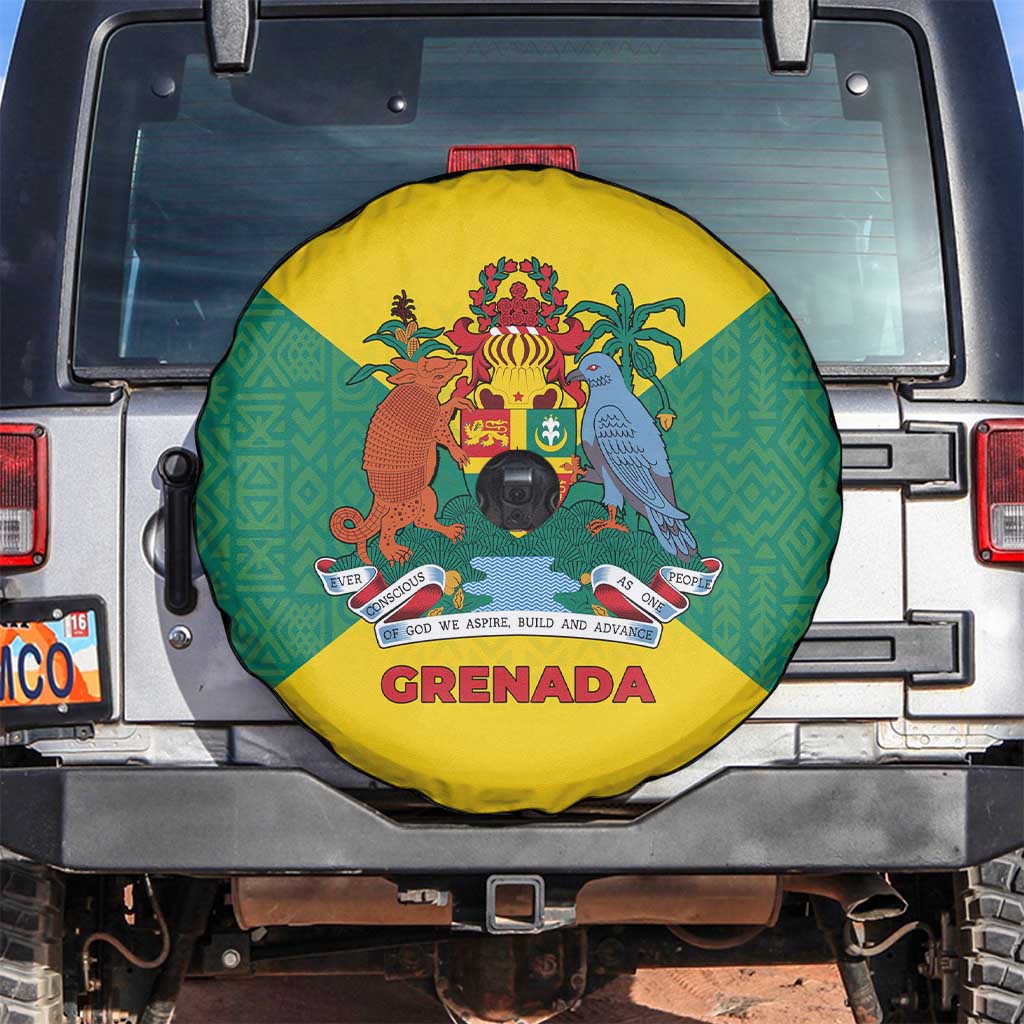 Grenada Coat of Arms Spare Tire Cover with Yellow Green Flag Colors and Tribal Pattern Design TS04
