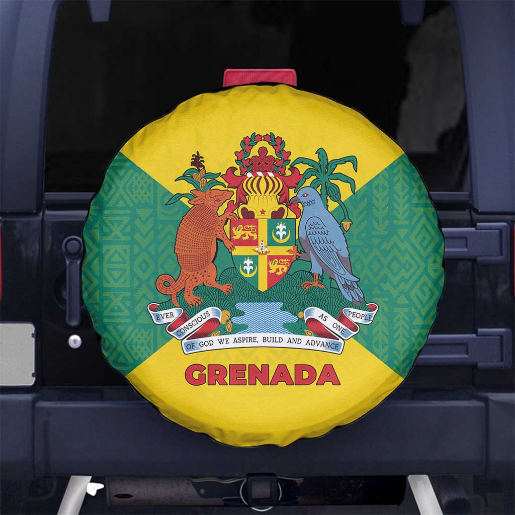 Grenada Coat of Arms Spare Tire Cover with Yellow Green Flag Colors and Tribal Pattern Design TS04