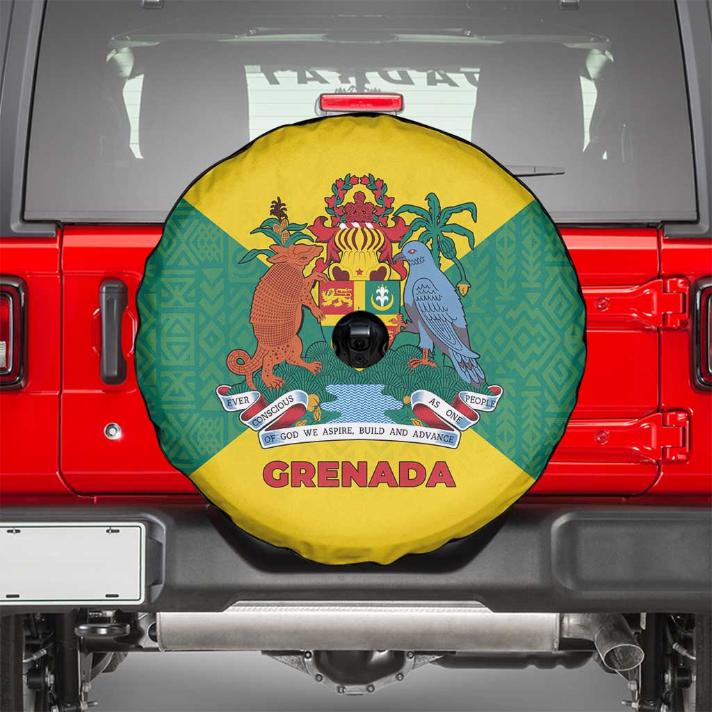 Grenada Coat of Arms Spare Tire Cover with Yellow Green Flag Colors and Tribal Pattern Design TS04