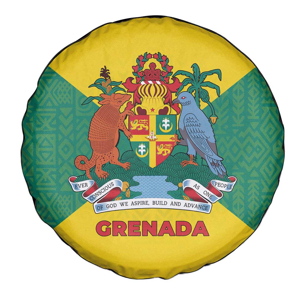 Grenada Coat of Arms Spare Tire Cover with Yellow Green Flag Colors and Tribal Pattern Design TS04