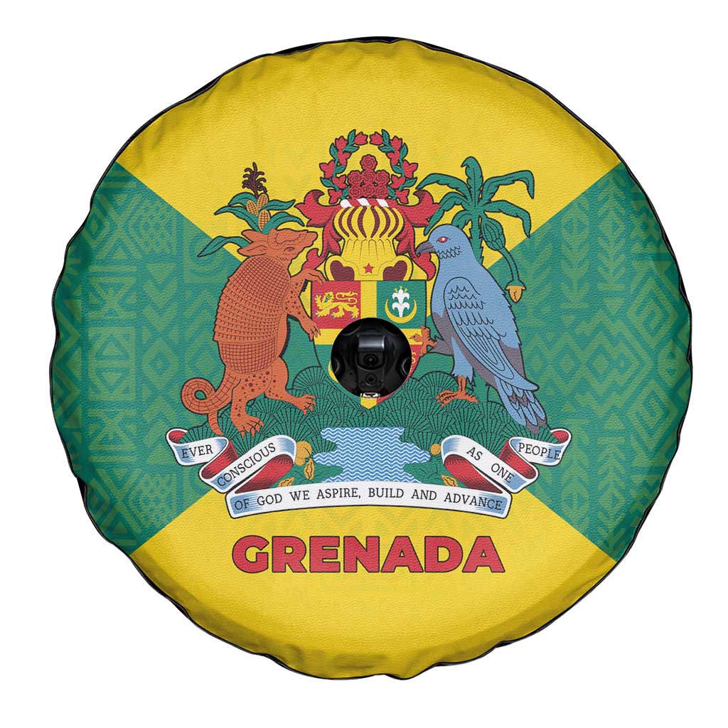 Grenada Coat of Arms Spare Tire Cover with Yellow Green Flag Colors and Tribal Pattern Design TS04