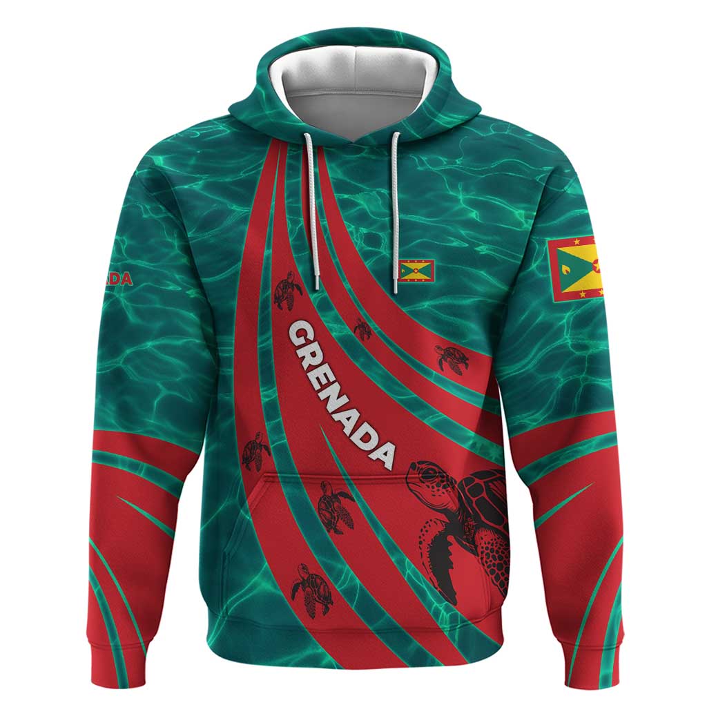 Grenada Sea Turtle Hoodie with Red Wave Stripes and Ocean Water Background TS04