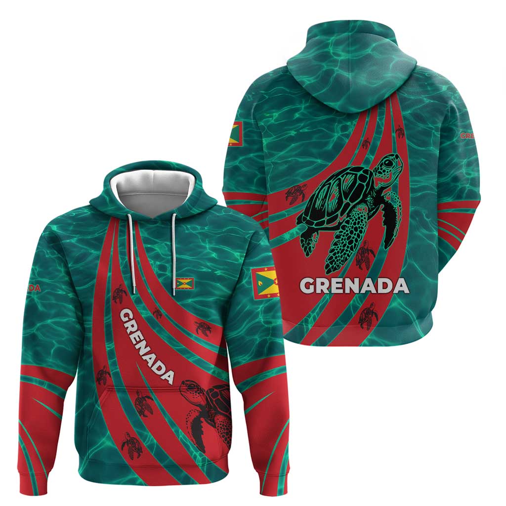 Grenada Sea Turtle Hoodie with Red Wave Stripes and Ocean Water Background TS04