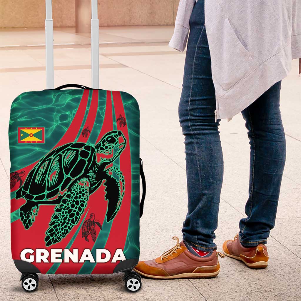 Grenada Sea Turtle Luggage Cover with Red Wave Stripes and Ocean Water Background TS04