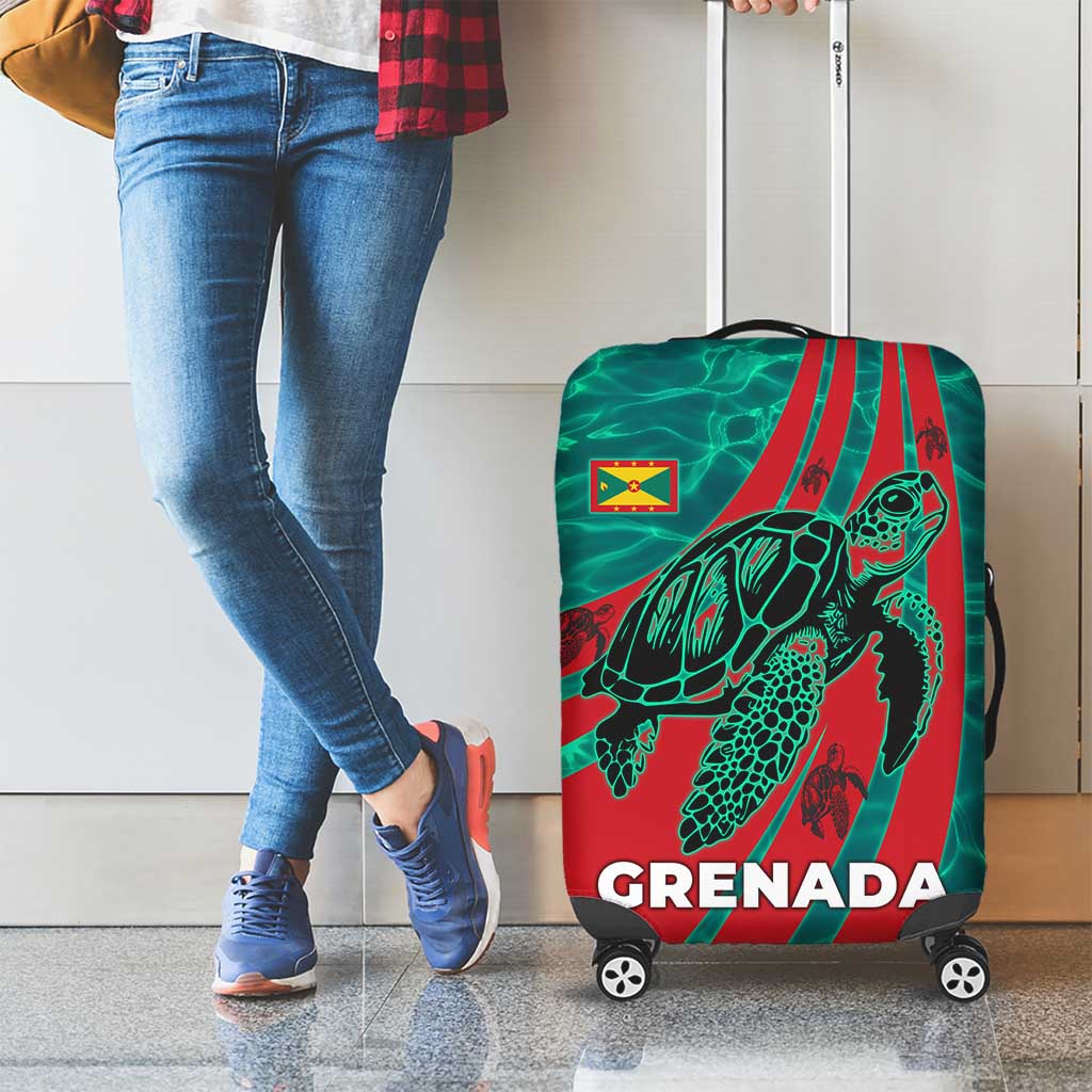 Grenada Sea Turtle Luggage Cover with Red Wave Stripes and Ocean Water Background TS04