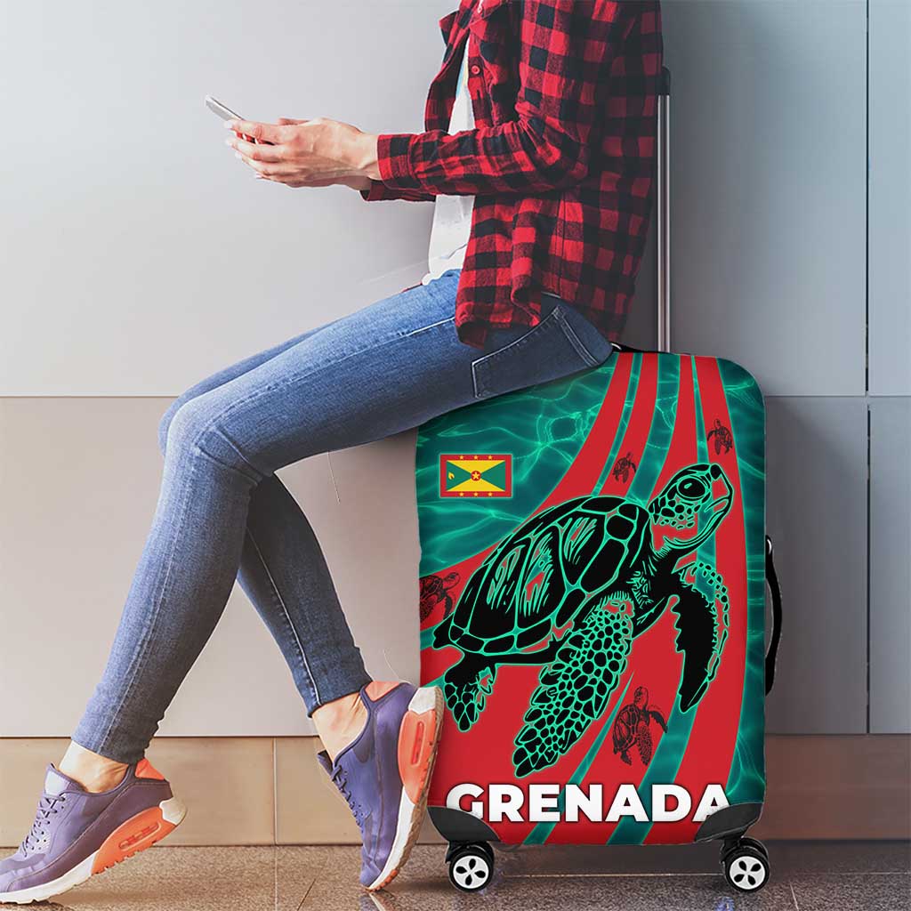 Grenada Sea Turtle Luggage Cover with Red Wave Stripes and Ocean Water Background TS04