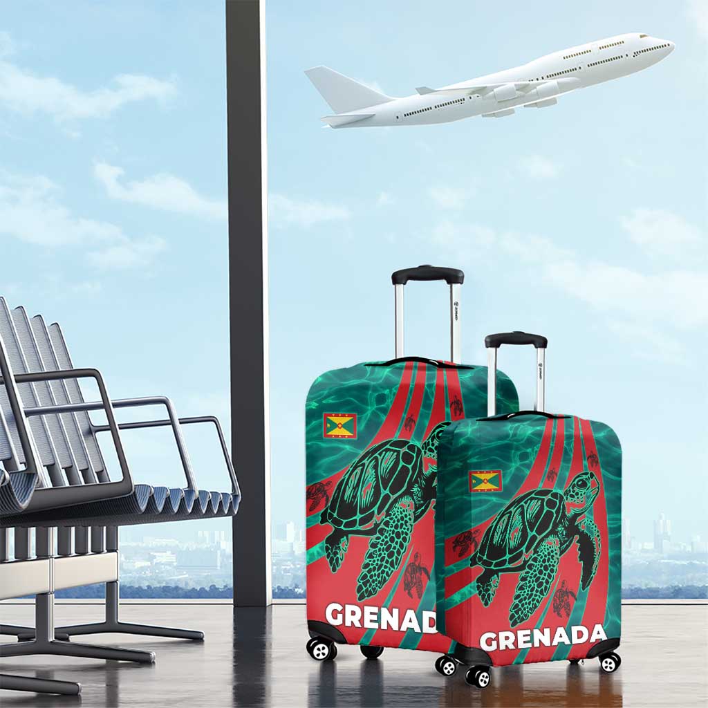 Grenada Sea Turtle Luggage Cover with Red Wave Stripes and Ocean Water Background TS04
