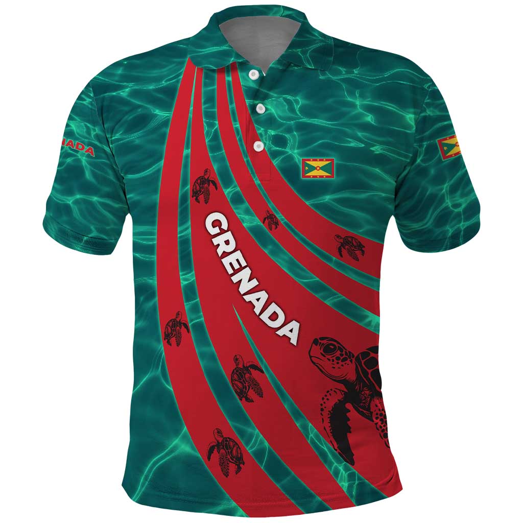 Grenada Sea Turtle Polo Shirt with Red Wave Stripes and Ocean Water Background TS04