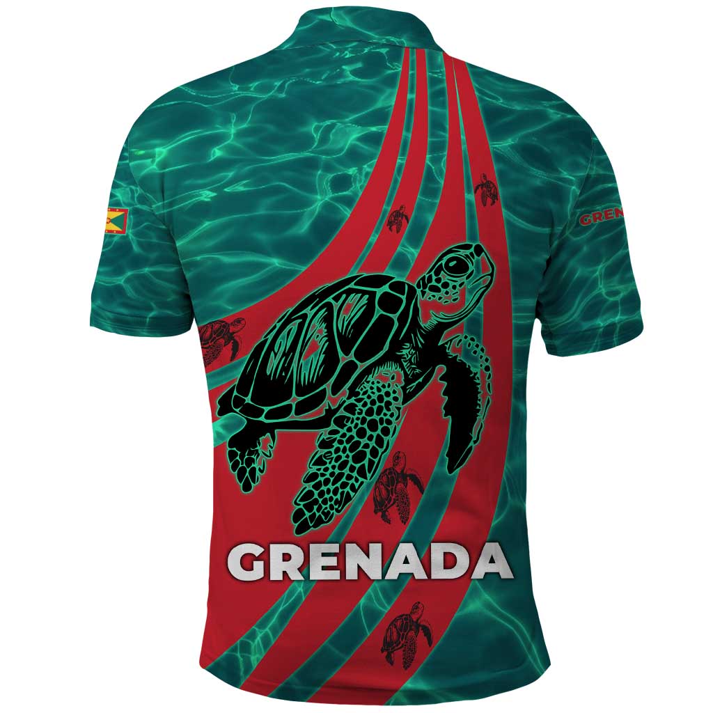 Grenada Sea Turtle Polo Shirt with Red Wave Stripes and Ocean Water Background TS04