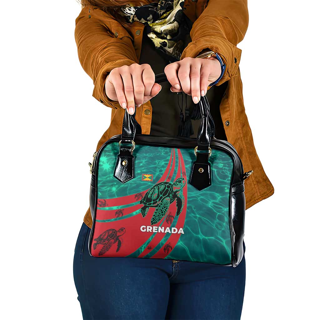 Grenada Sea Turtle Shoulder Handbag with Red Wave Stripes and Ocean Water Background TS04
