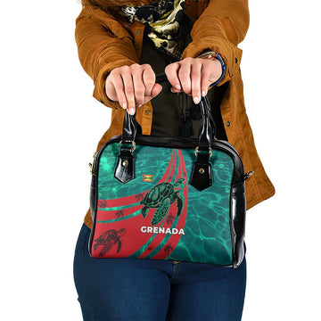 Grenada Sea Turtle Shoulder Handbag with Red Wave Stripes and Ocean Water Background TS04