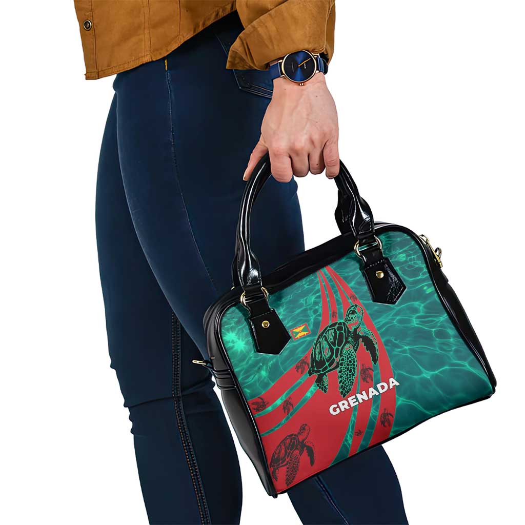 Grenada Sea Turtle Shoulder Handbag with Red Wave Stripes and Ocean Water Background TS04