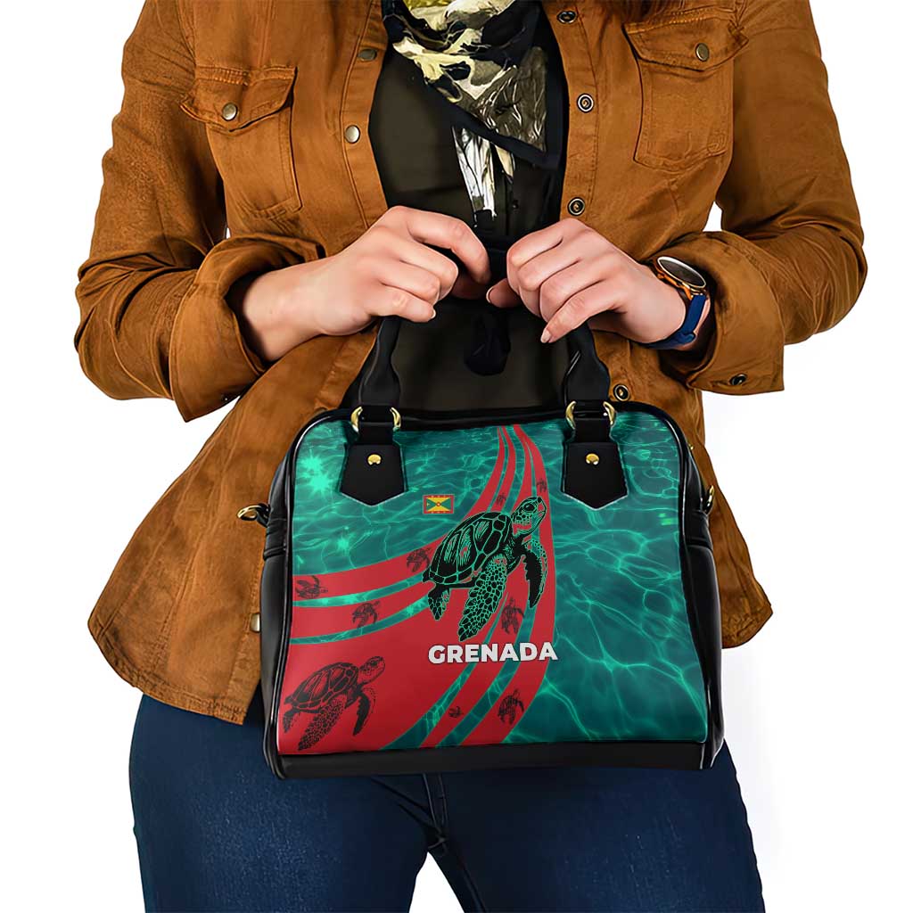 Grenada Sea Turtle Shoulder Handbag with Red Wave Stripes and Ocean Water Background TS04