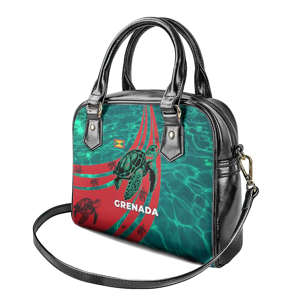 Grenada Sea Turtle Shoulder Handbag with Red Wave Stripes and Ocean Water Background TS04