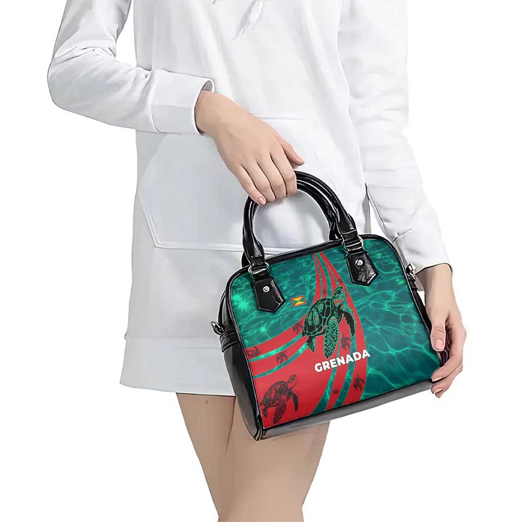 Grenada Sea Turtle Shoulder Handbag with Red Wave Stripes and Ocean Water Background TS04