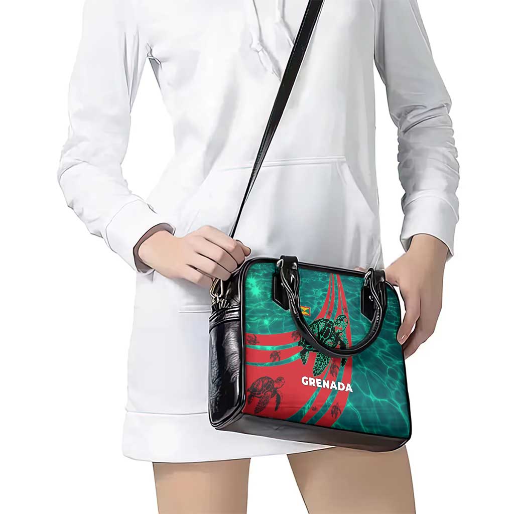 Grenada Sea Turtle Shoulder Handbag with Red Wave Stripes and Ocean Water Background TS04
