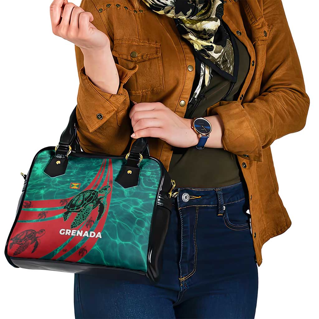 Grenada Sea Turtle Shoulder Handbag with Red Wave Stripes and Ocean Water Background TS04