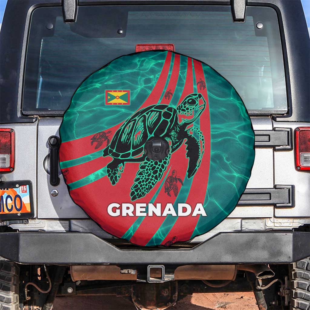 Grenada Sea Turtle Spare Tire Cover with Red Wave Stripes and Ocean Water Background TS04