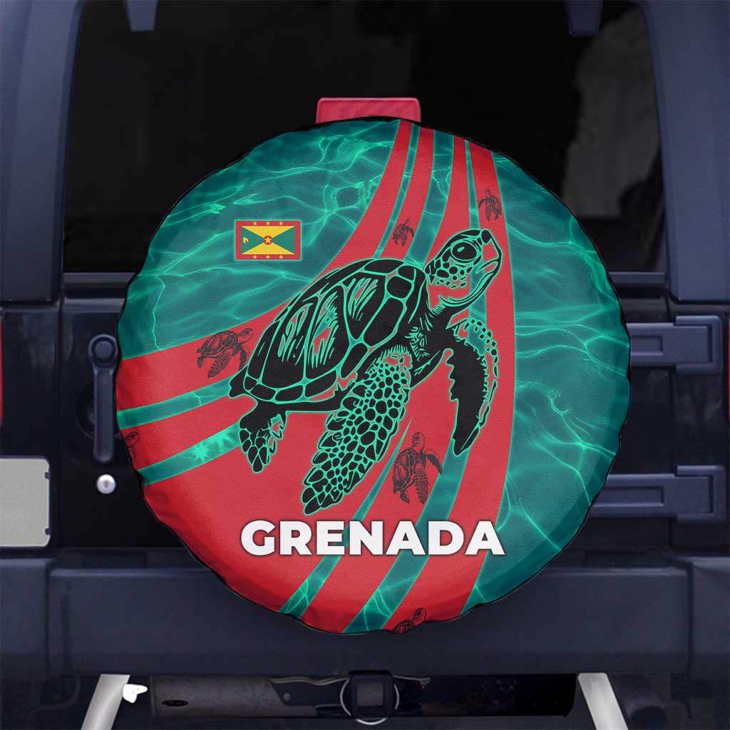 Grenada Sea Turtle Spare Tire Cover with Red Wave Stripes and Ocean Water Background TS04