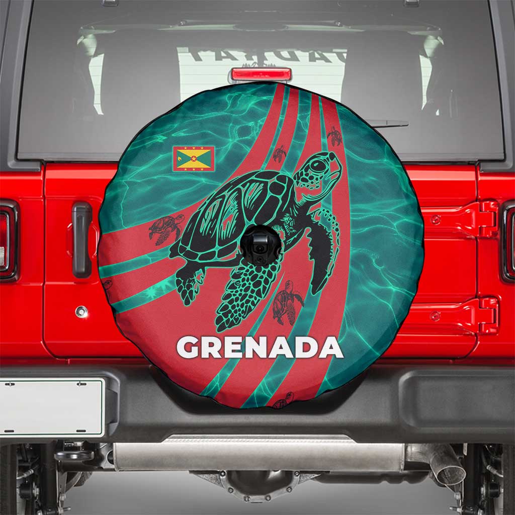 Grenada Sea Turtle Spare Tire Cover with Red Wave Stripes and Ocean Water Background TS04