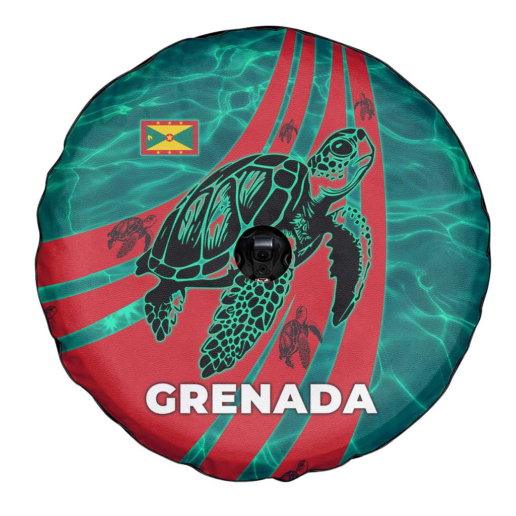 Grenada Sea Turtle Spare Tire Cover with Red Wave Stripes and Ocean Water Background TS04