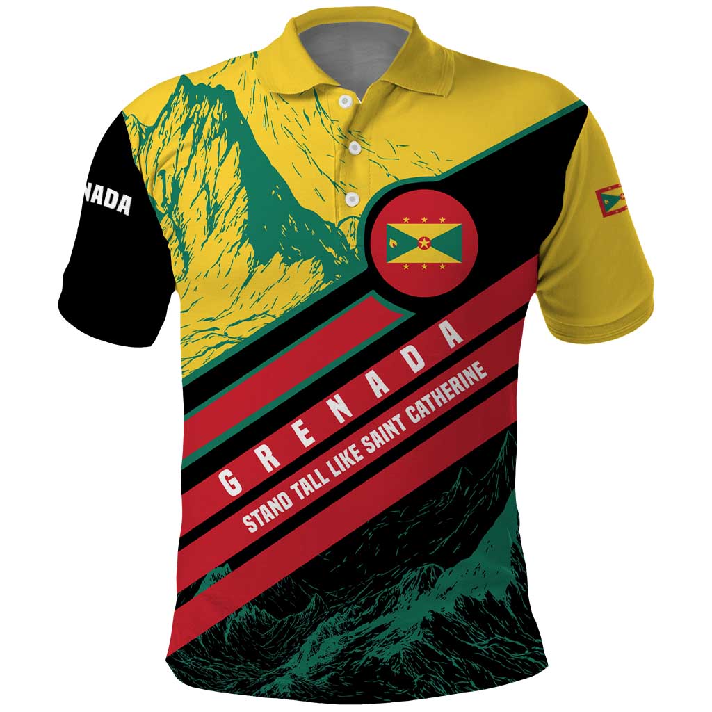 Grenada Mountain Graphic Polo Shirt with National Flag and Saint Catherine Quote Design TS04