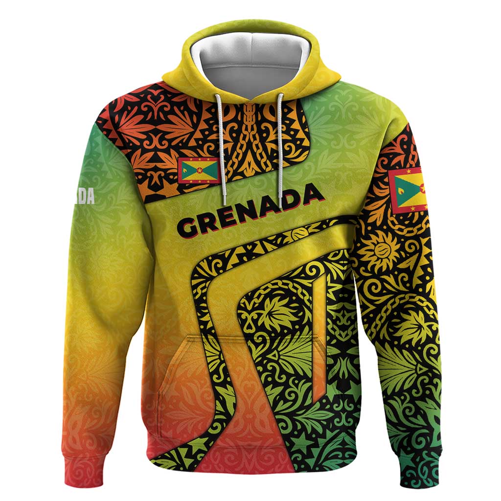 Grenada Tribal Floral Pattern Hoodie with Rasta Gradient and Flame Motto Design TS04