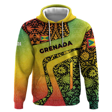 Grenada Tribal Floral Pattern Hoodie with Rasta Gradient and Flame Motto Design TS04