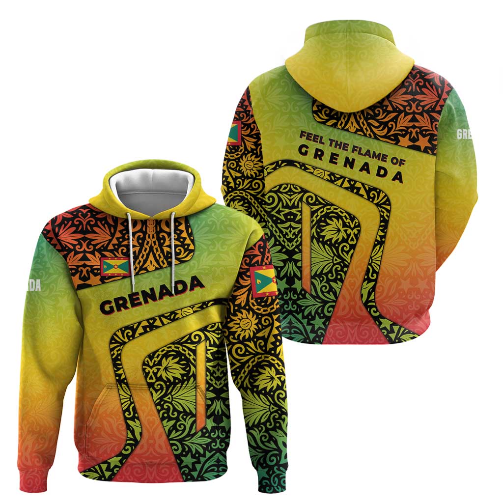 Grenada Tribal Floral Pattern Hoodie with Rasta Gradient and Flame Motto Design TS04