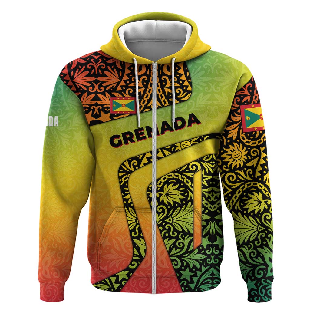 Grenada Tribal Floral Pattern Hoodie with Rasta Gradient and Flame Motto Design TS04