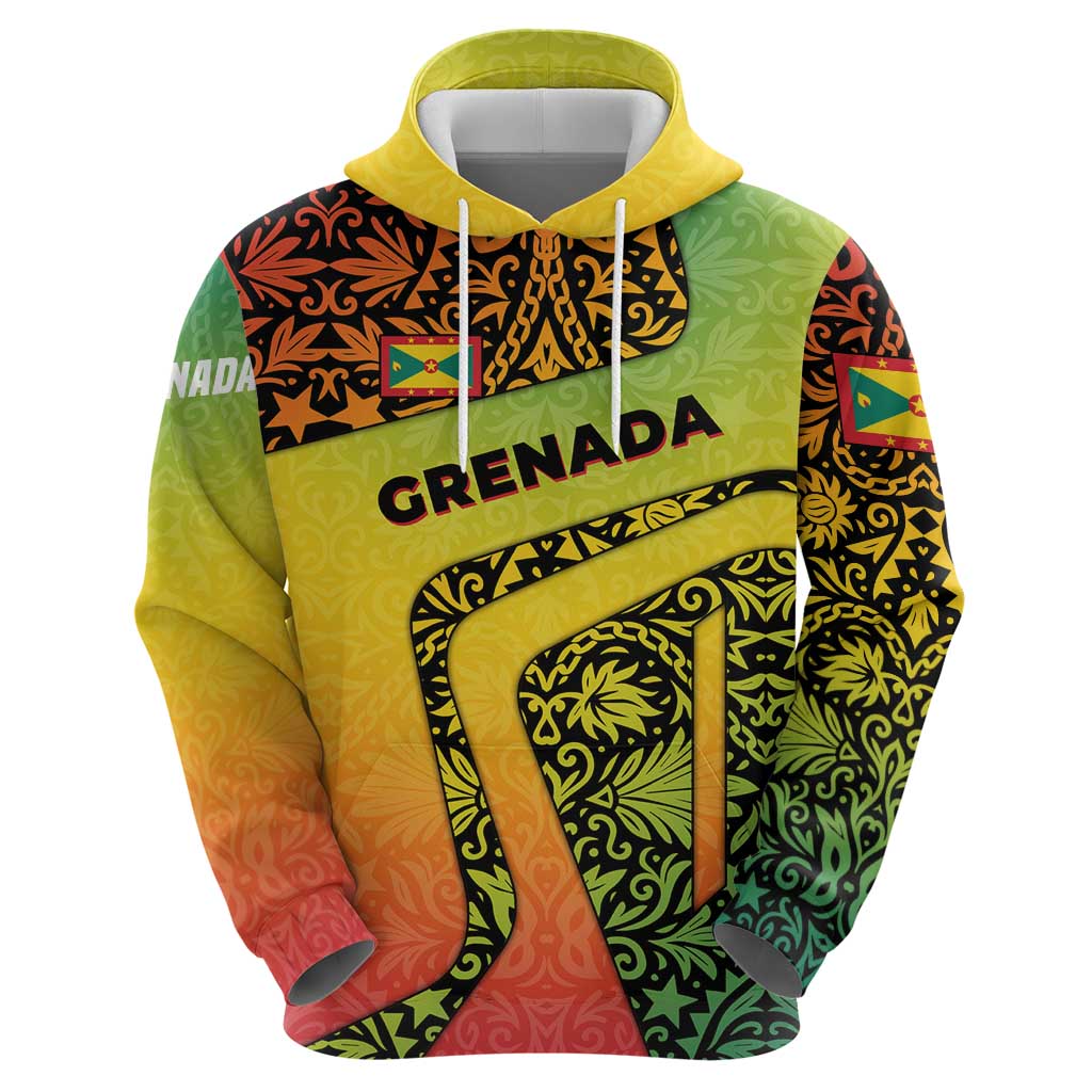 Grenada Tribal Floral Pattern Hoodie with Rasta Gradient and Flame Motto Design TS04