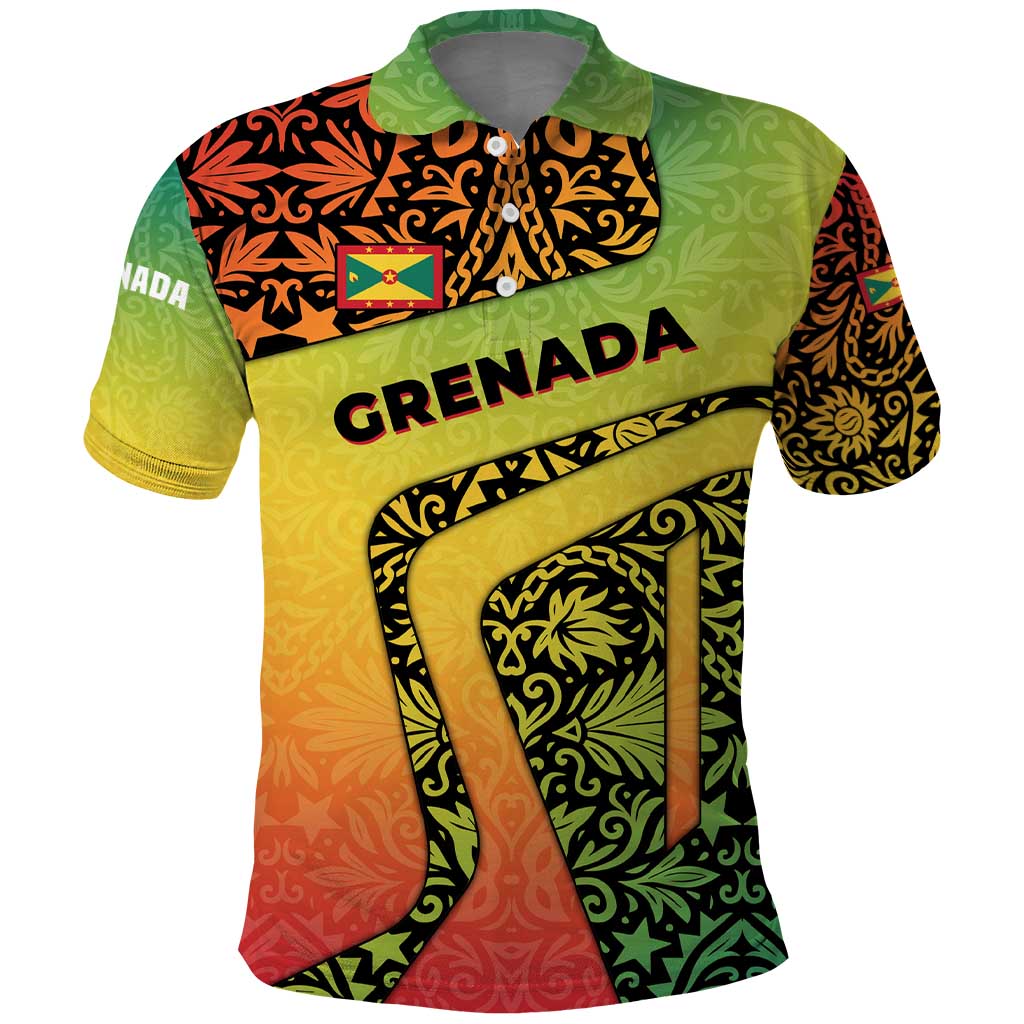 Grenada Tribal Floral Pattern Polo Shirt with Rasta Gradient and Flame Motto Design TS04
