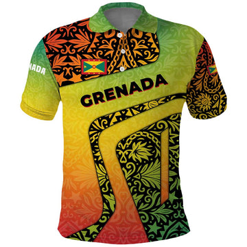 Grenada Tribal Floral Pattern Polo Shirt with Rasta Gradient and Flame Motto Design TS04