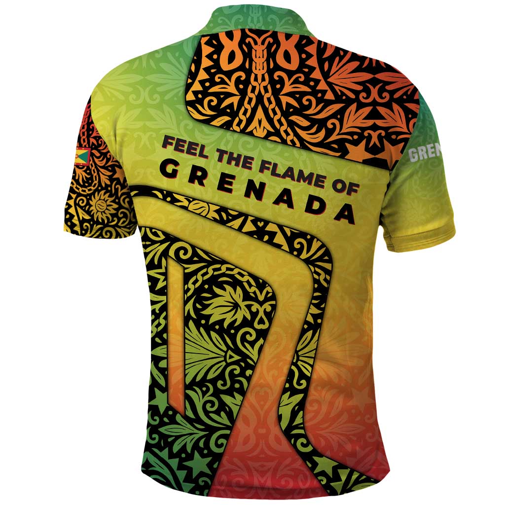 Grenada Tribal Floral Pattern Polo Shirt with Rasta Gradient and Flame Motto Design TS04