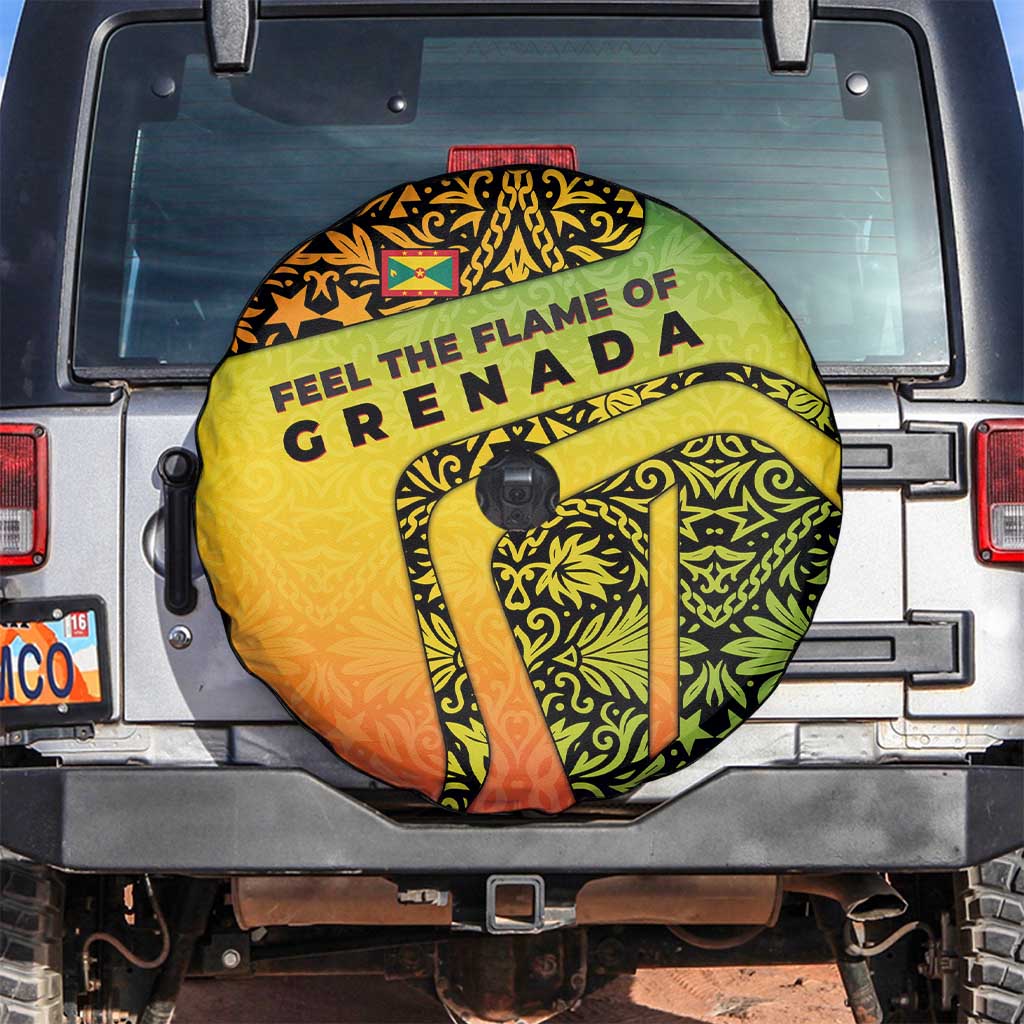 Grenada Tribal Floral Pattern Spare Tire Cover with Rasta Gradient and Flame Motto Design TS04